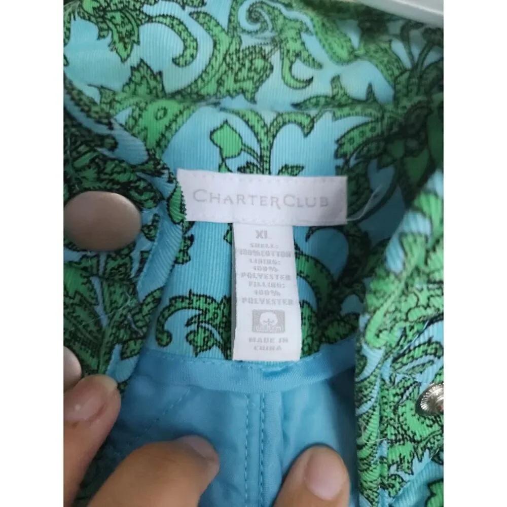 Charter Club Women Teal Green & Blue Floral Quilted Cotton Button Jacket size XL